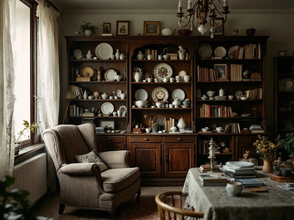 Wohnzimmer eines aufzulösenden Haushalts mit Schrankwand, Porzellan und Büchern