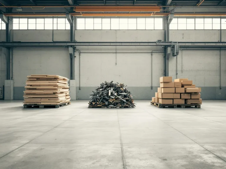 Nach Materialien getrennte Stapel nach einer Räumung: Holz, Metall, Kartonagen