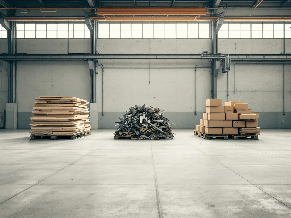 Nach Materialien getrennte Stapel nach einer Räumung: Holz, Metall, Kartonagen